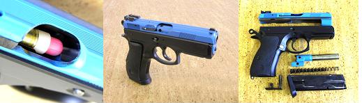 Modifikovaná pistole CZ 75 s adaptérem pro střelbu náboji Simunition